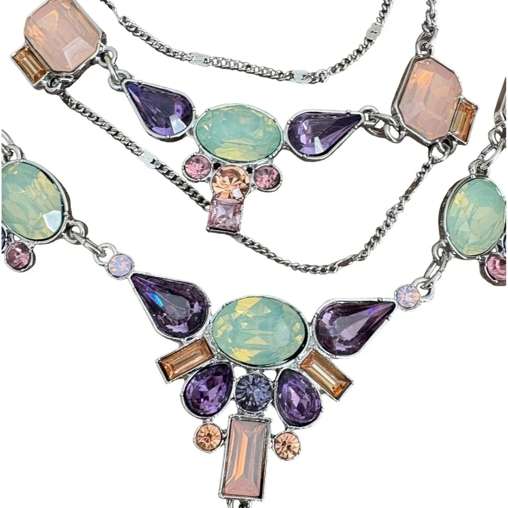 GUESS Silver Tone Layered Statement‎ Necklace Pastel Crystal Bib Multi Chain Y2K